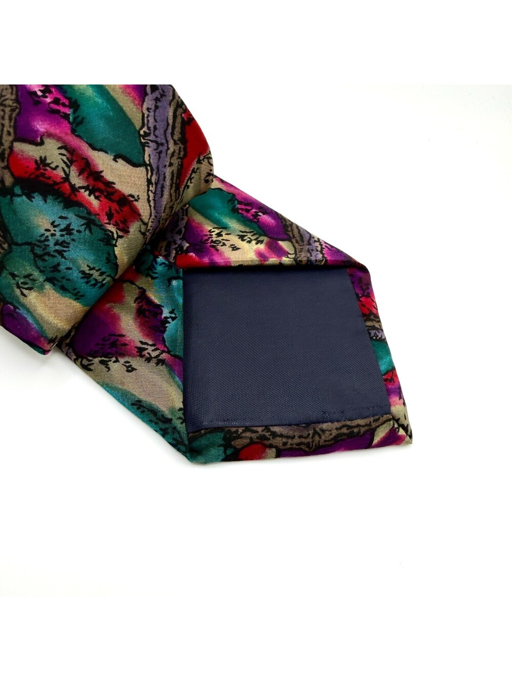 Vintage 90s Teal Purple Silk Watercolor Tree Print Tie - Picture 3 of 7